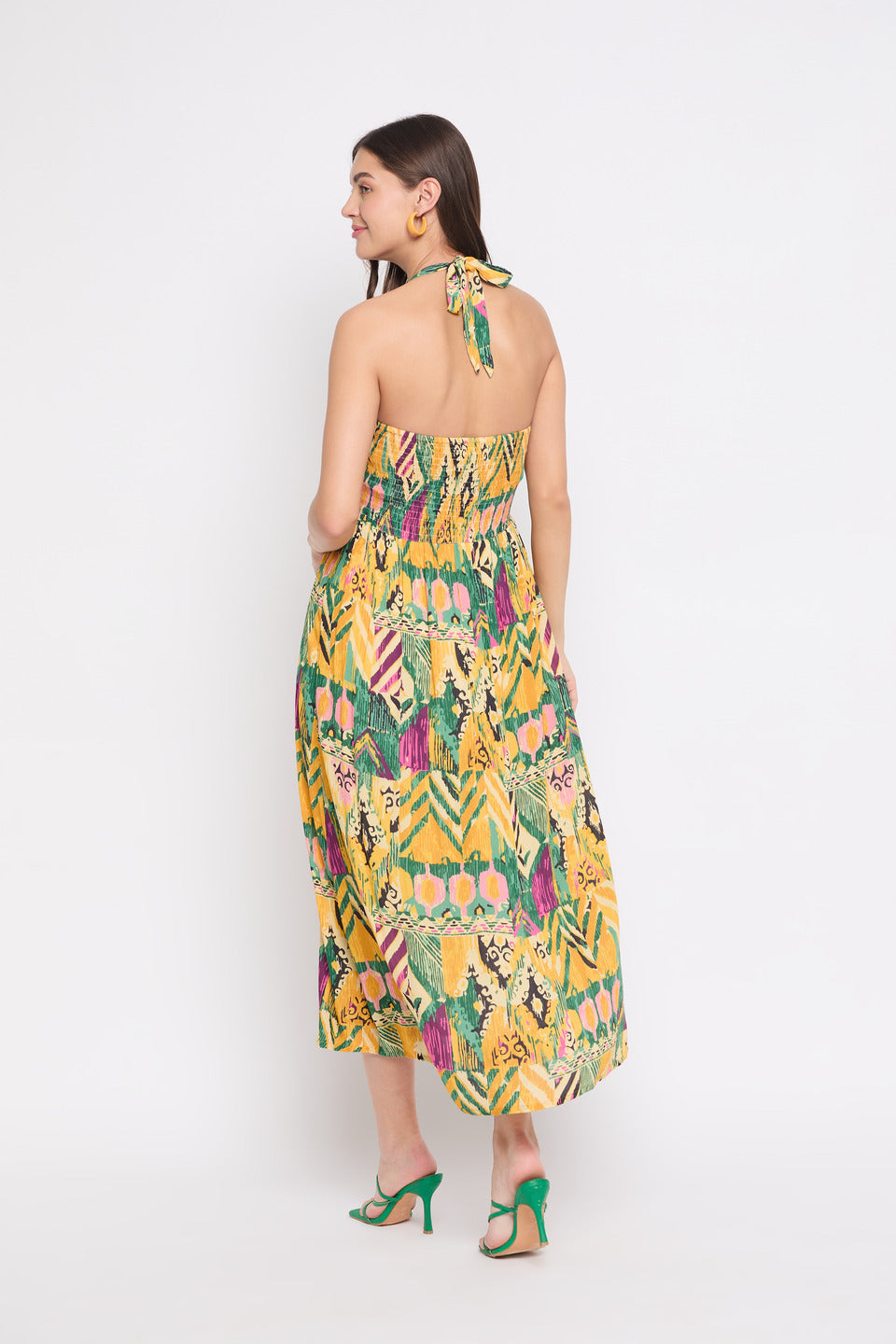 Rayon Crepe Yellow Abstract Print Midi Dress For Women