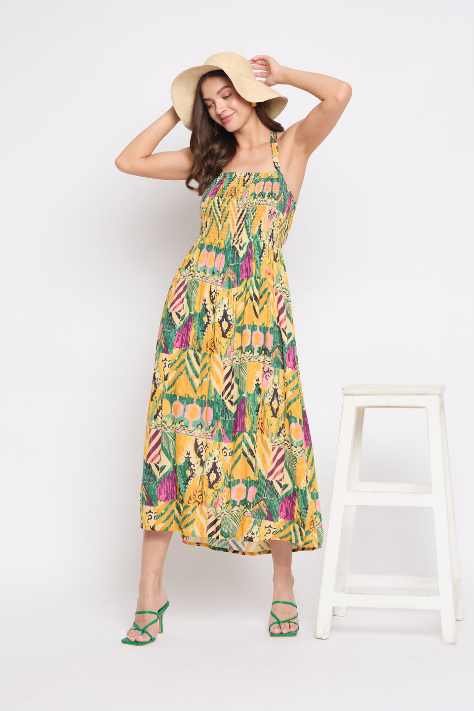 Rayon Crepe Yellow Abstract Print Midi Dress For Women