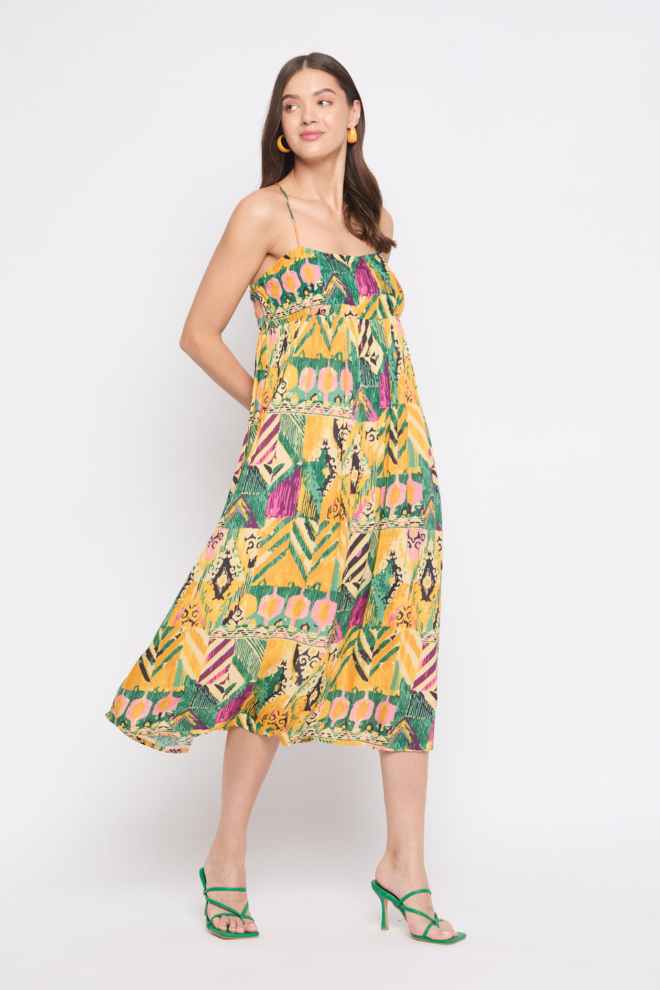 Yellow Abstract Print Rayon Crepe Elegant Midi Dress For Women