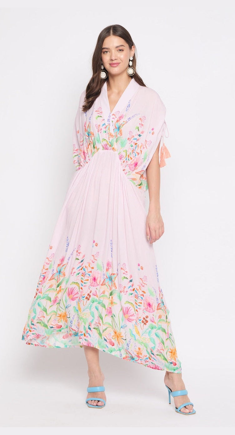 Pink rayon plus size kaftan with watercolor floral print and 3/4 kimono sleeves