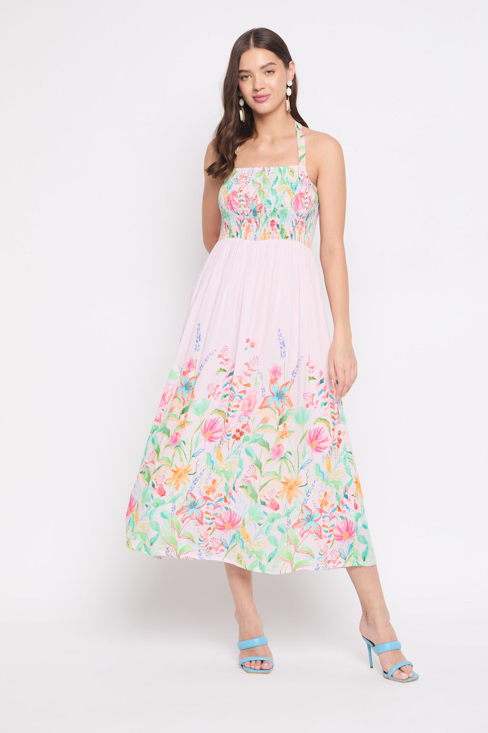 Floral Print Baby Pink Rayon Crepe Halter Midi Dress For Women