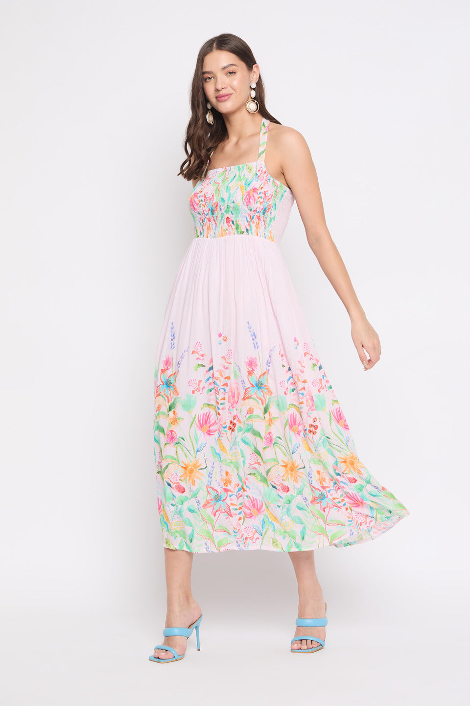 Floral Print Baby Pink Rayon Crepe Halter Midi Dress For Women