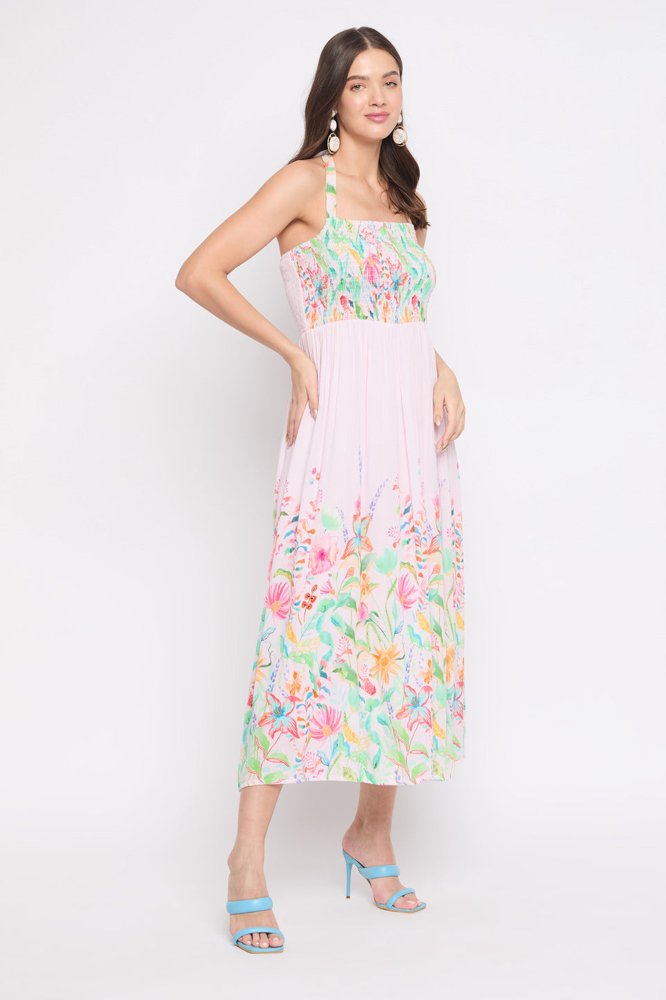 Floral Print Baby Pink Rayon Crepe Halter Midi Dress For Women