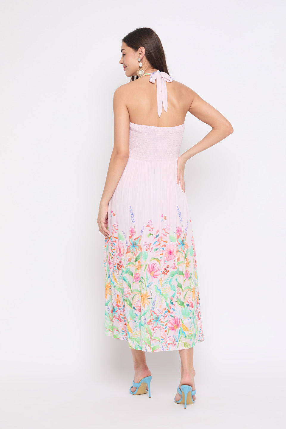 Floral Print Baby Pink Rayon Crepe Halter Midi Dress For Women