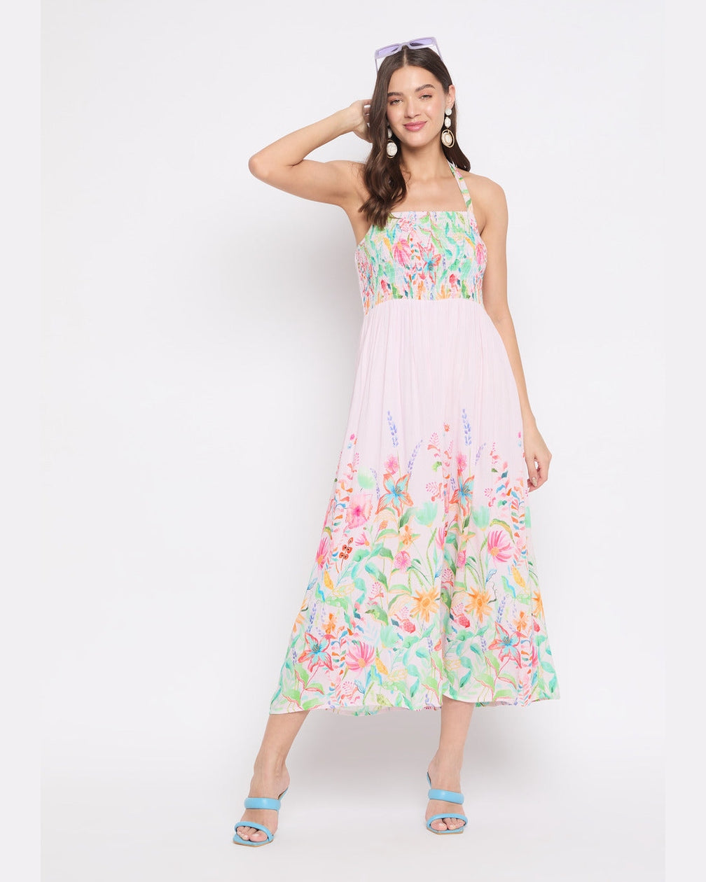Floral Print Baby Pink Rayon Crepe Halter Midi Dress For Women