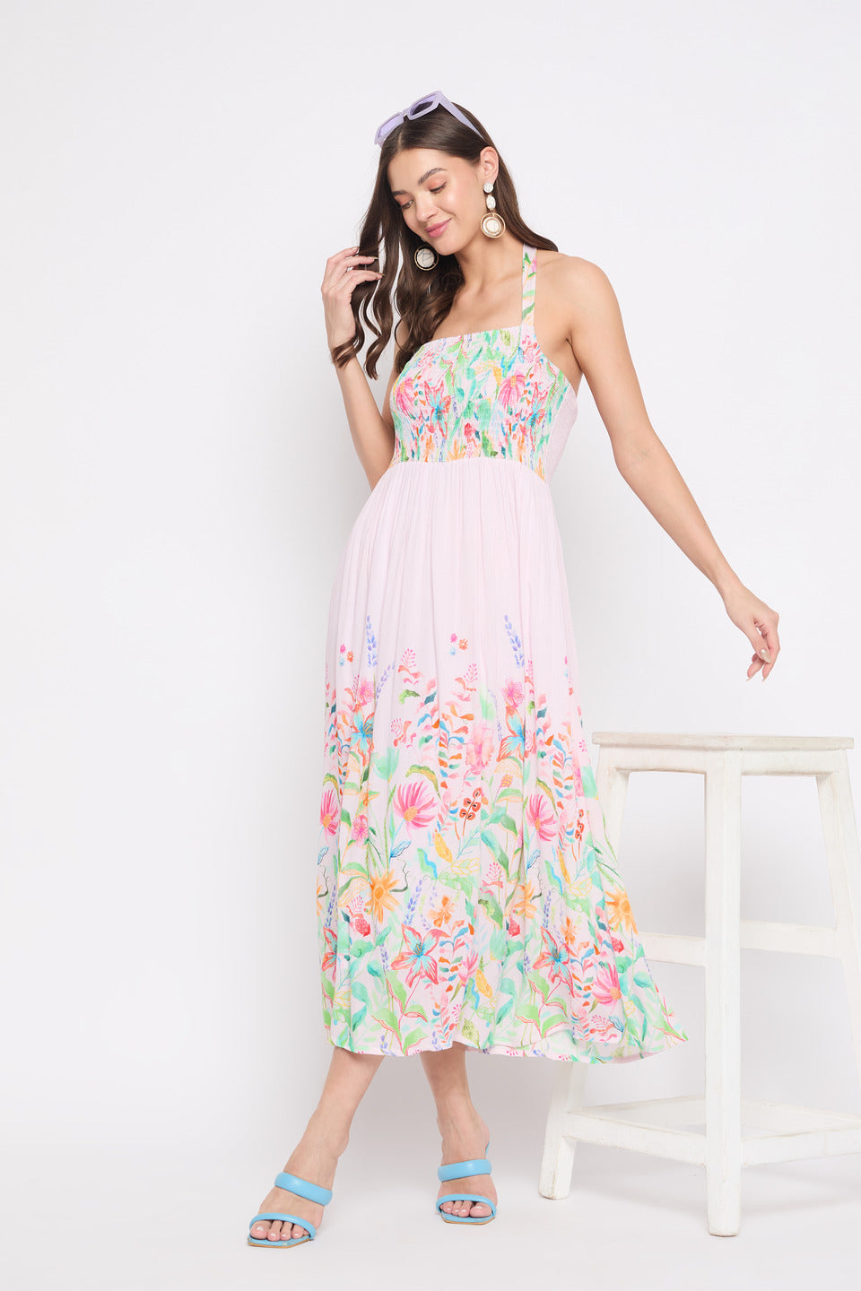 Floral Print Baby Pink Rayon Crepe Halter Midi Dress For Women