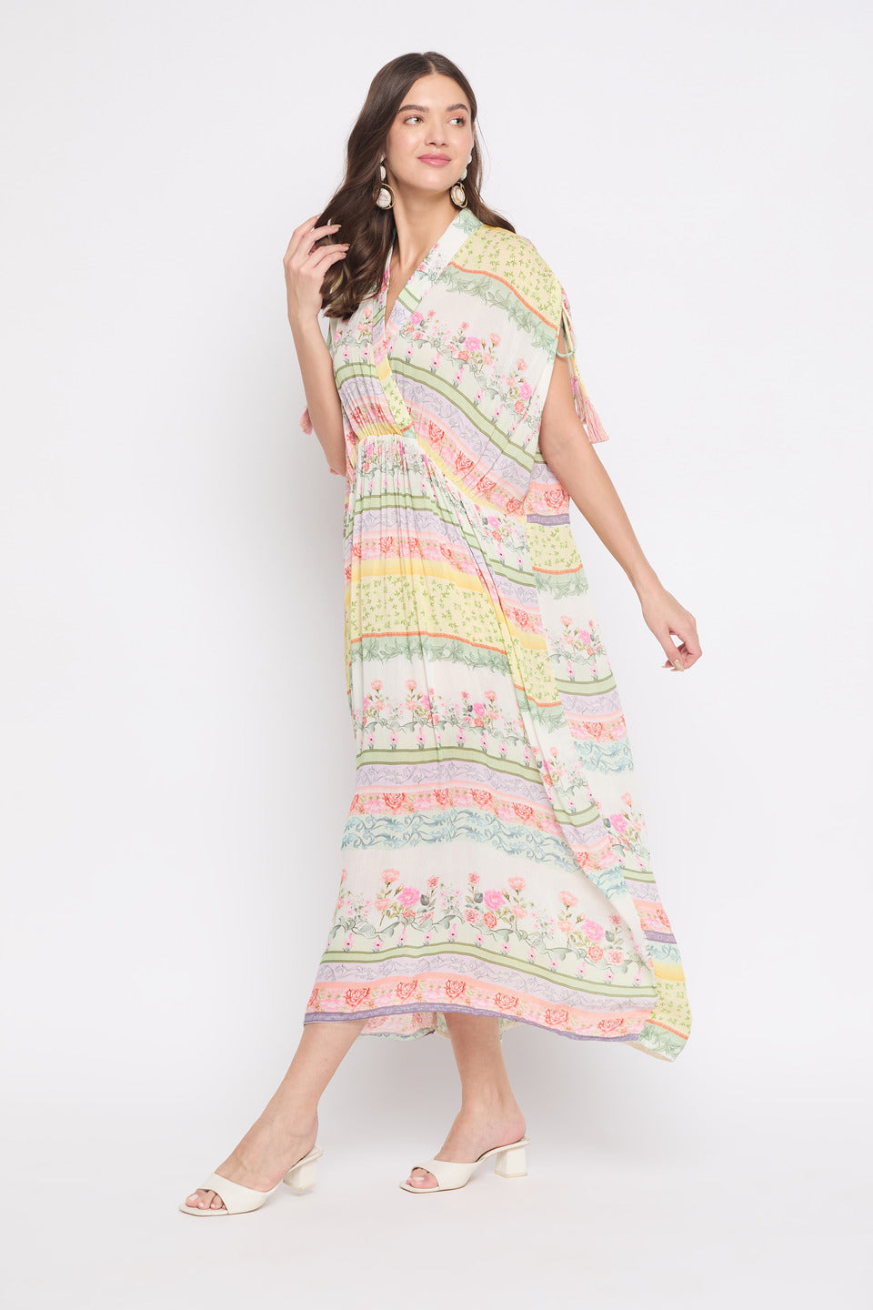 White Rayon Crepe Elegant Floral Kaftan For Women