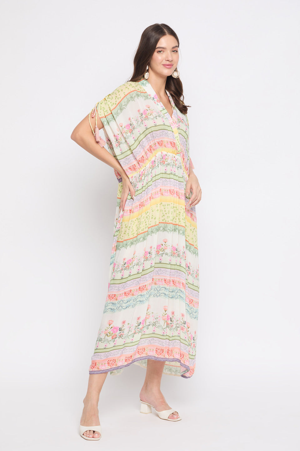 White Rayon Crepe Elegant Floral Kaftan For Women