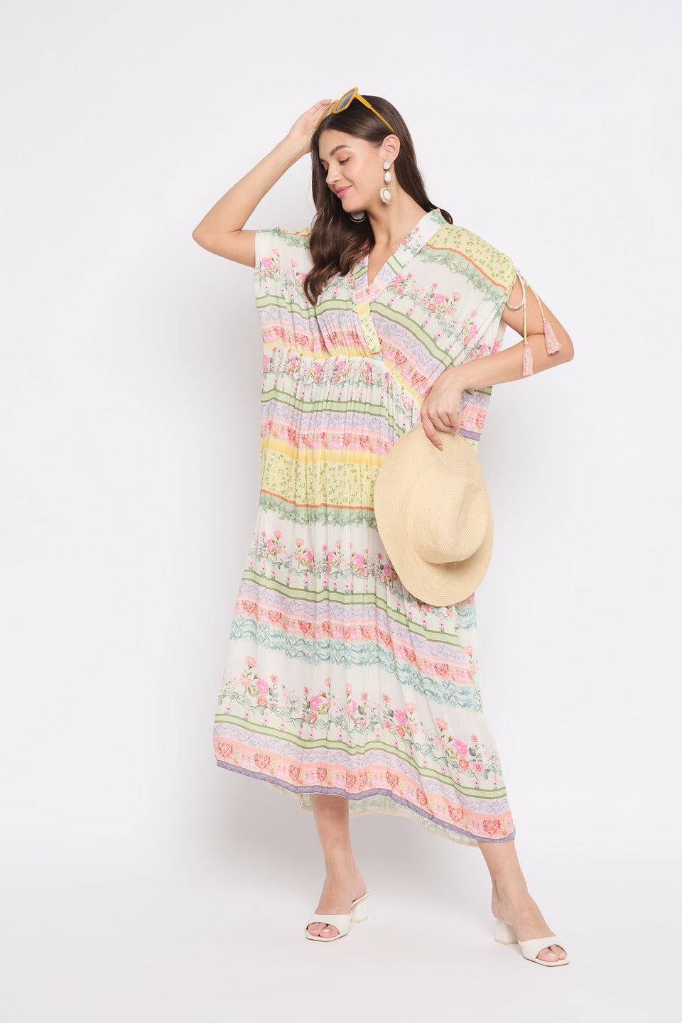 White Rayon Crepe Elegant Floral Kaftan For Women