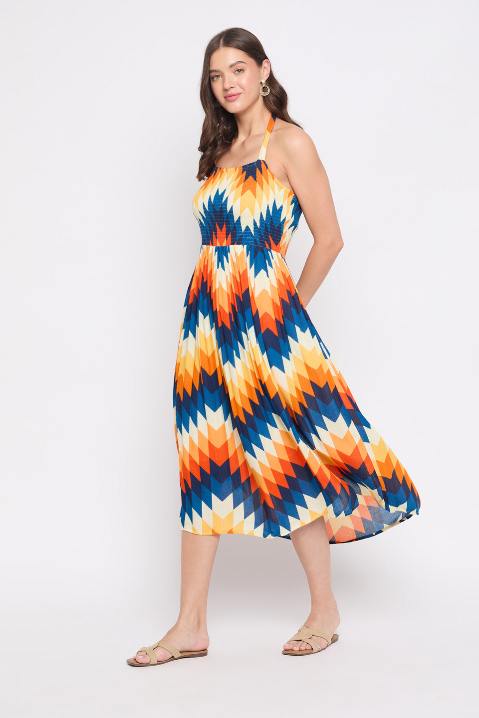 Abstract Printed Multicolor Rayon Crepe Halter Neck Midi Dress For Women
