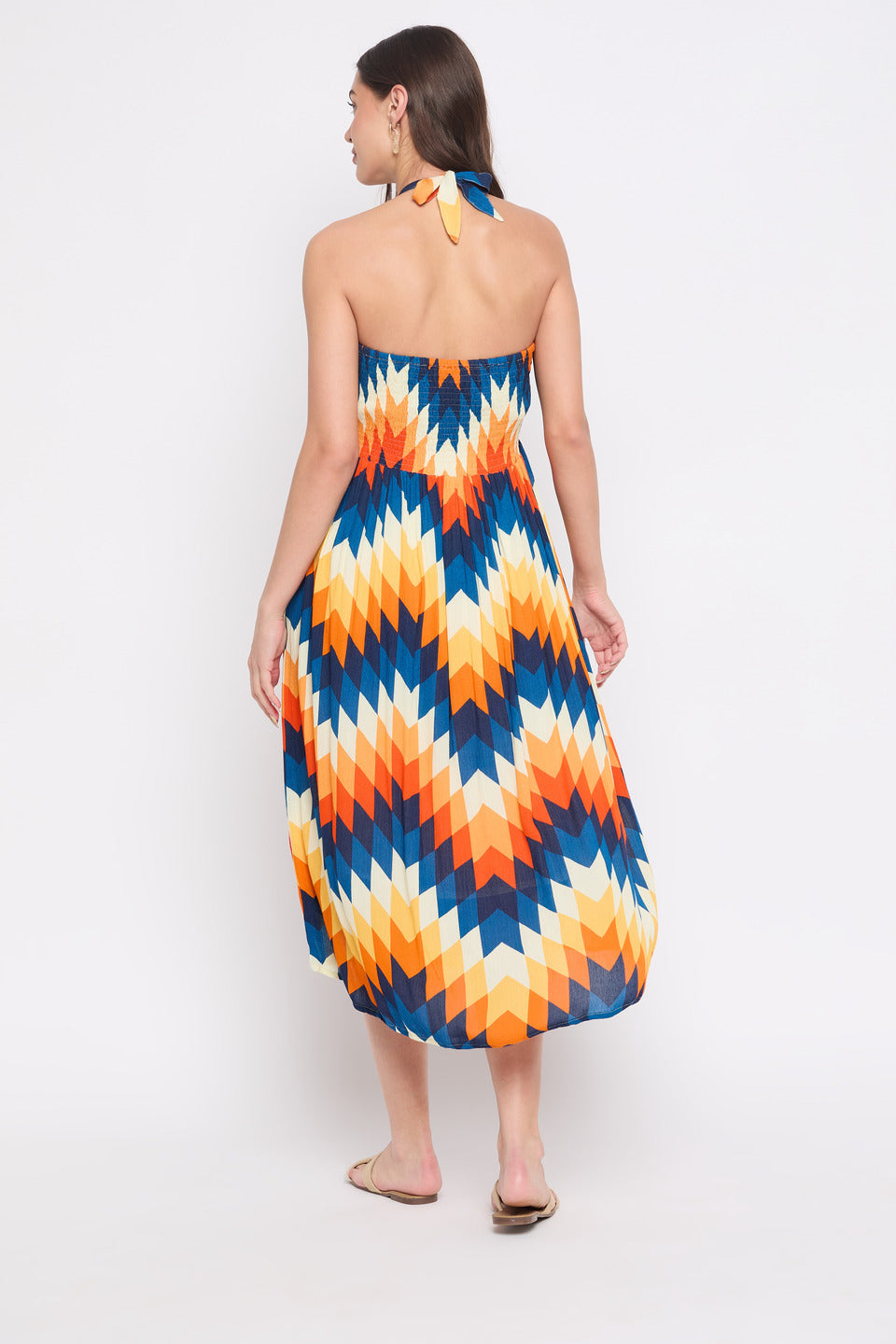 Abstract Printed Multicolor Rayon Crepe Halter Neck Midi Dress For Women