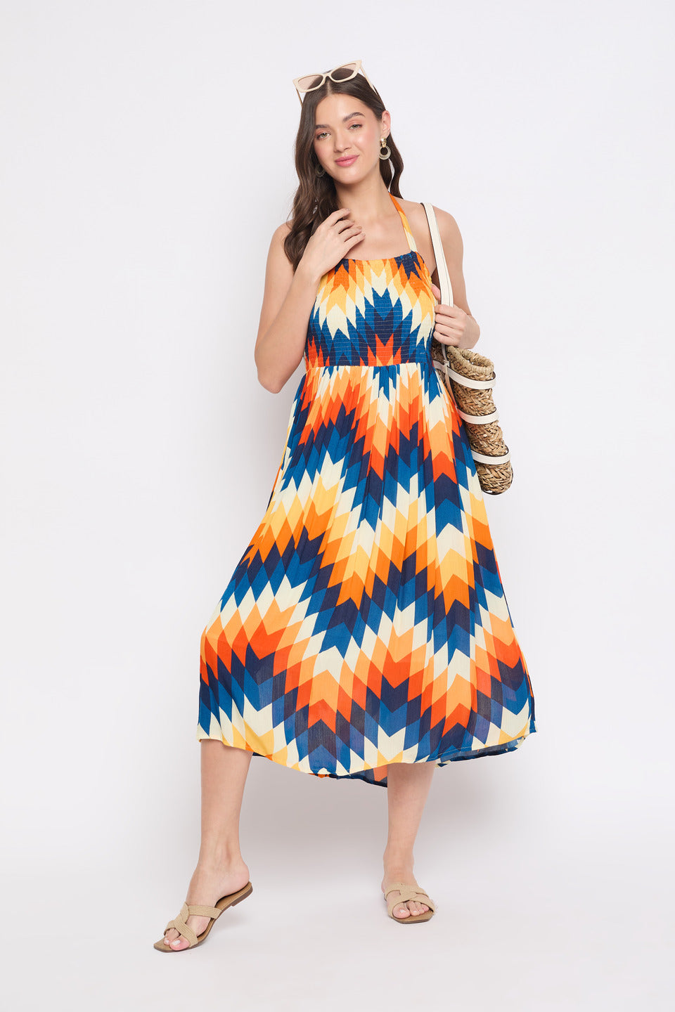 Abstract Printed Multicolor Rayon Crepe Halter Neck Midi Dress For Women