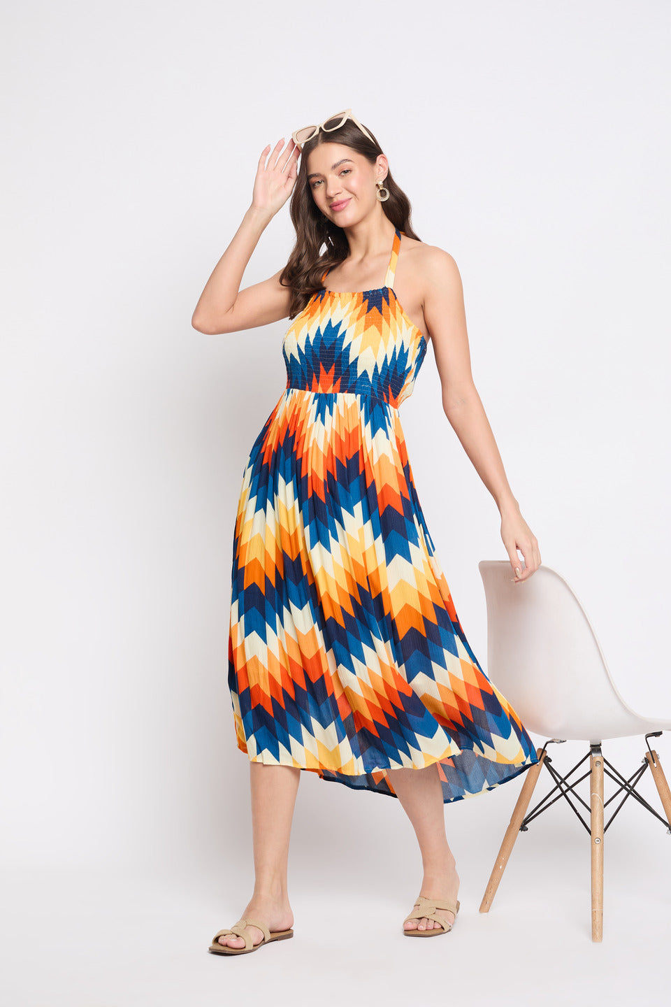 Abstract Printed Multicolor Rayon Crepe Halter Neck Midi Dress For Women