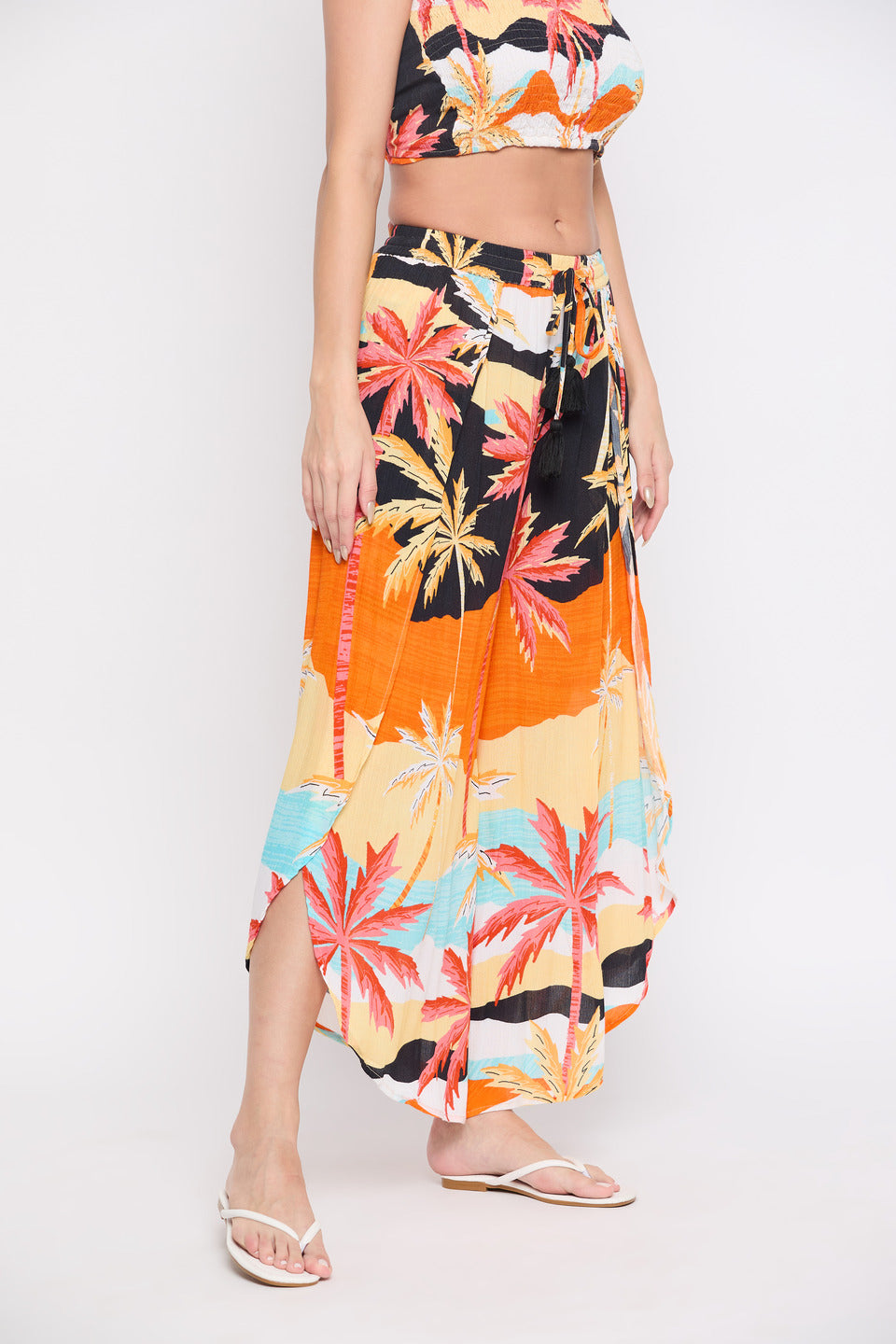 Beach Theme Multicolor Rayon Crepe Pants For Women