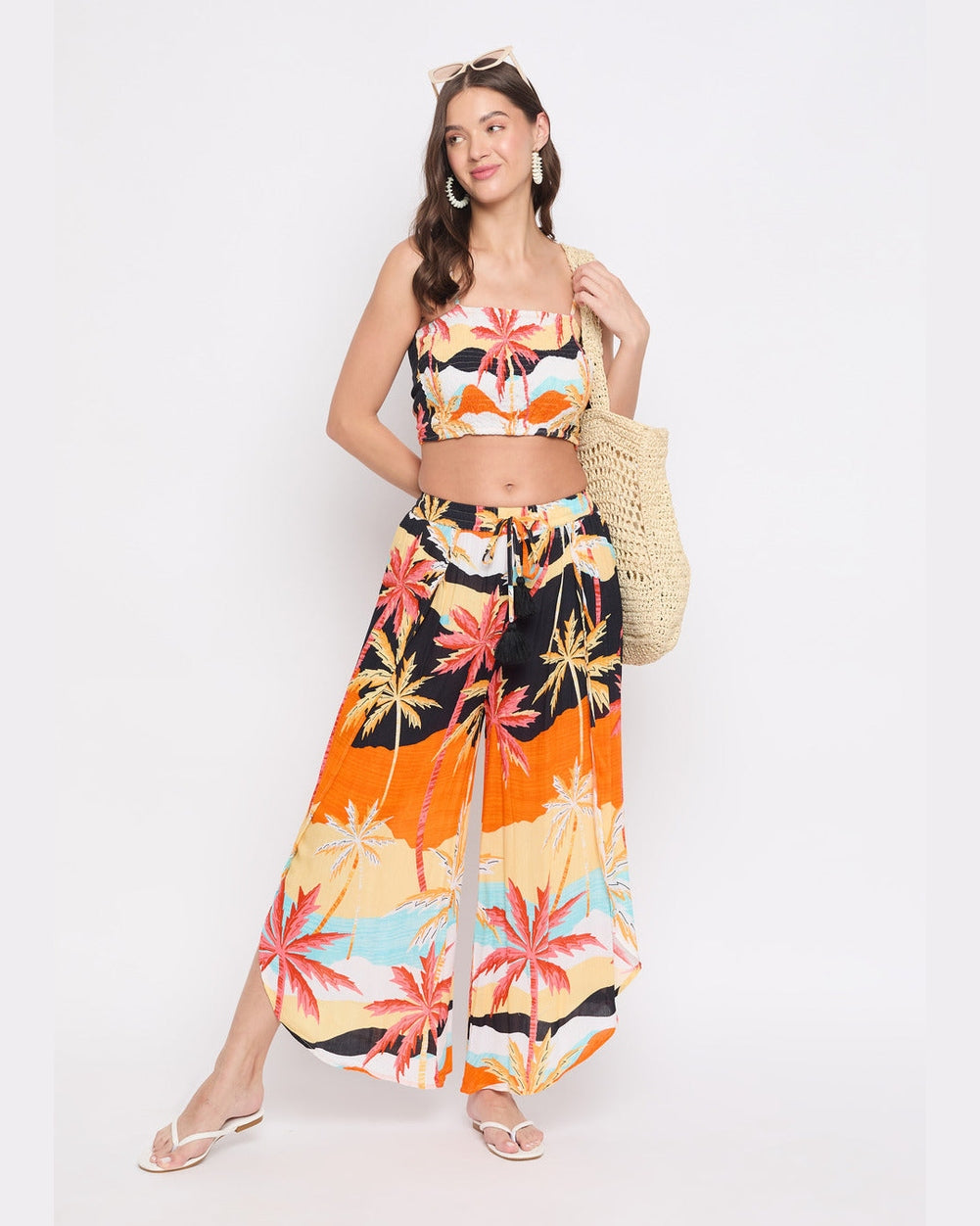 Beach Theme Multicolor Rayon Crepe Pants For Women