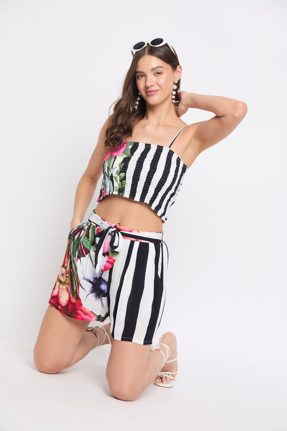 Striped & Floral Printed Multicolor Rayon Crepe Top For Women