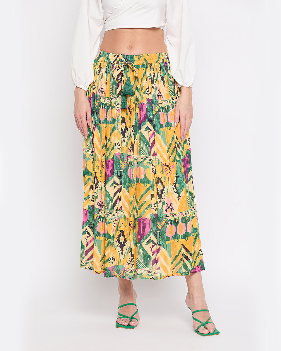Yellow Abstract Print Rayon Crepe Maxi Length Skirt For Women