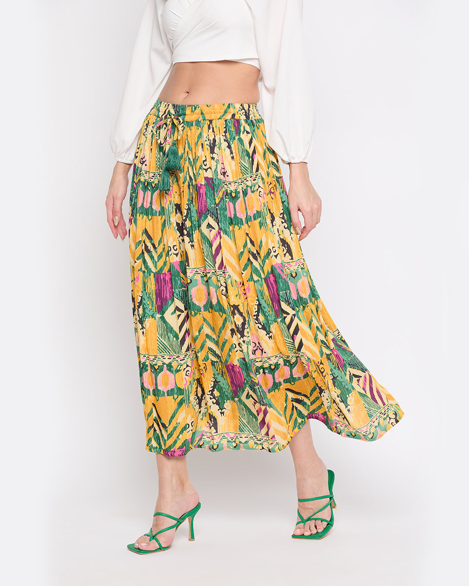 Yellow Abstract Print Rayon Crepe Maxi Length Skirt For Women