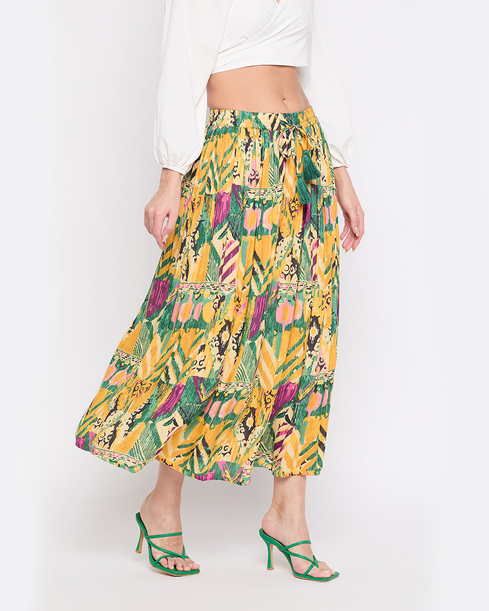 Yellow Abstract Print Rayon Crepe Maxi Length Skirt For Women