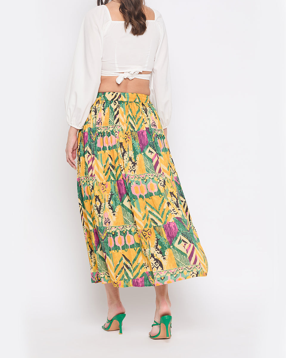 Yellow Abstract Print Rayon Crepe Maxi Length Skirt For Women