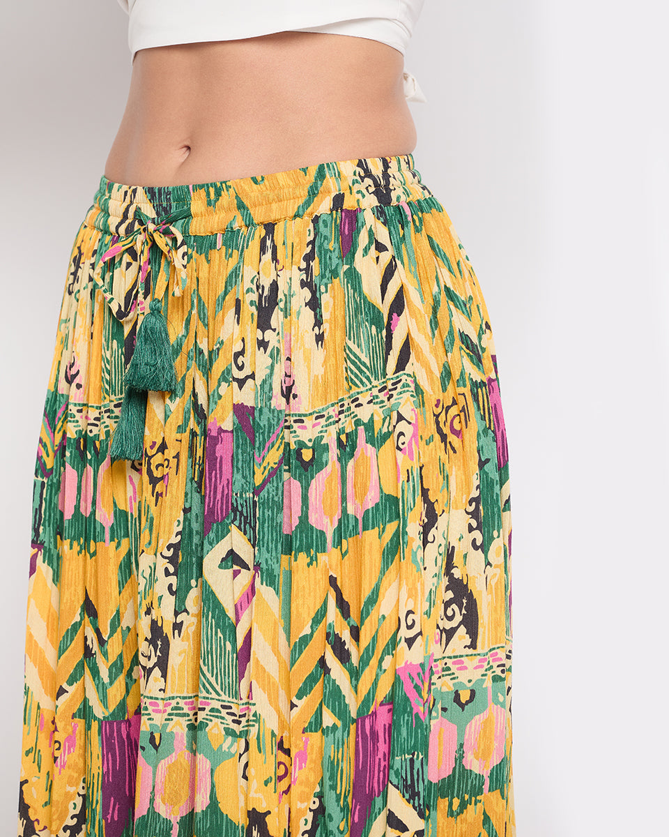 Yellow Abstract Print Rayon Crepe Maxi Length Skirt For Women