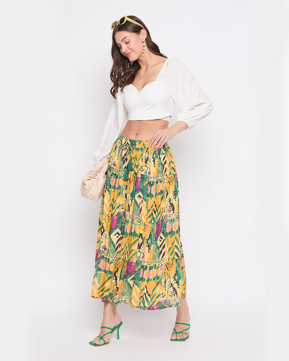 Yellow Abstract Print Rayon Crepe Maxi Length Skirt For Women