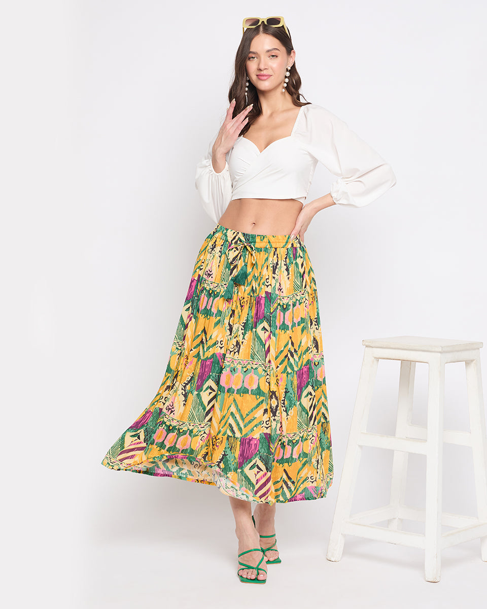 Yellow Abstract Print Rayon Crepe Maxi Length Skirt For Women