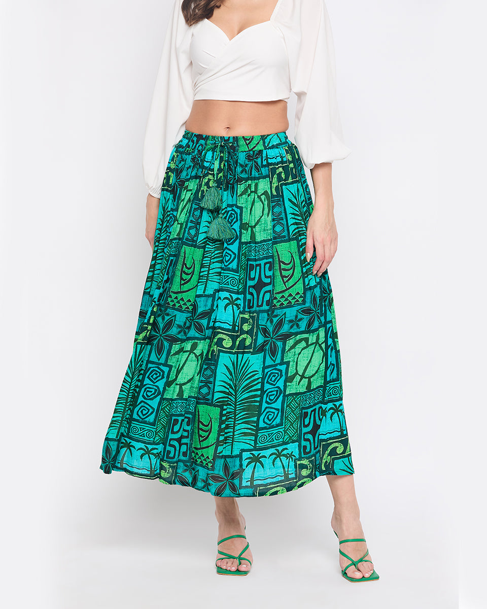 Dark Green Rayon Crepe Boho Long Skirt For Women