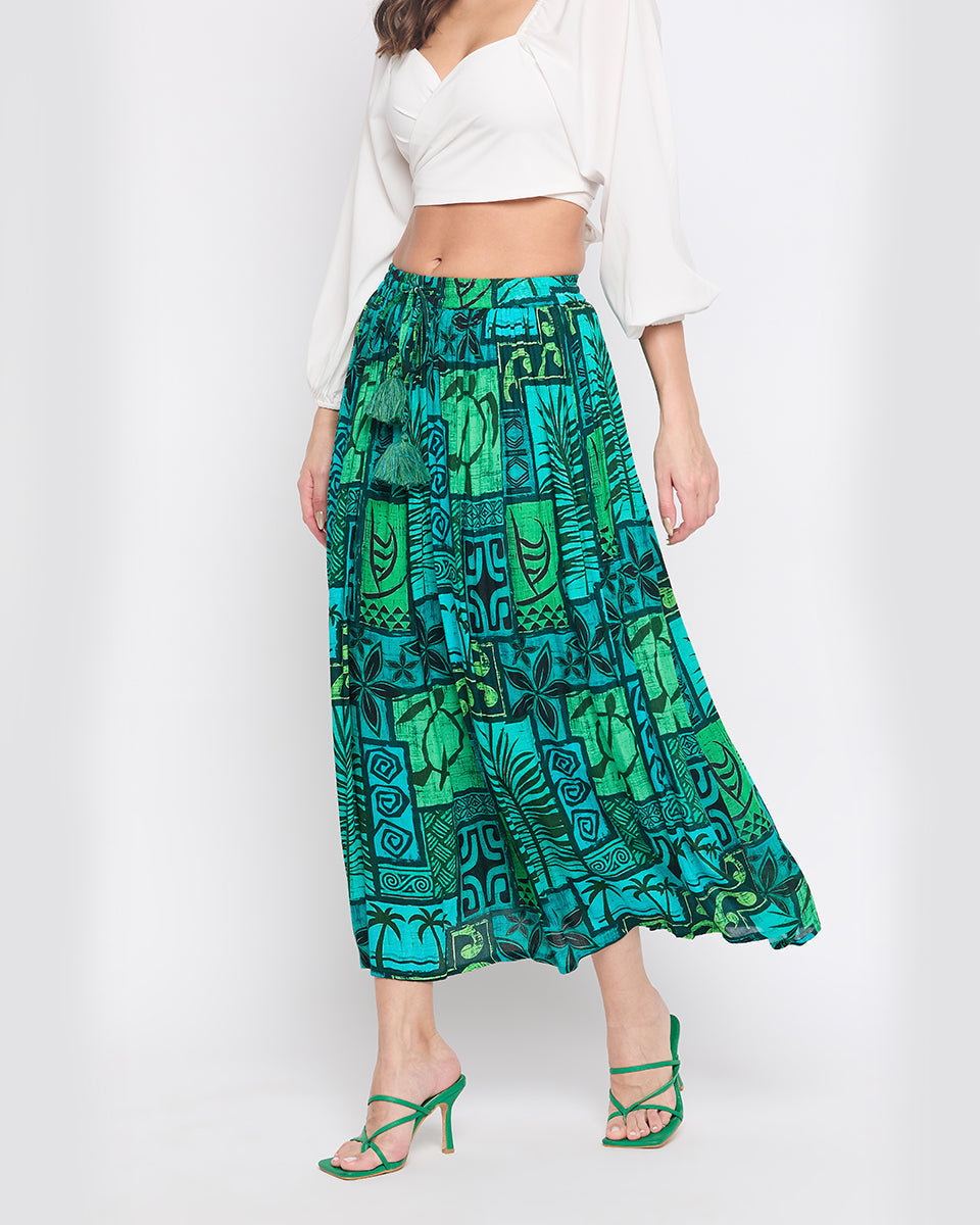 Dark Green Rayon Crepe Boho Long Skirt For Women