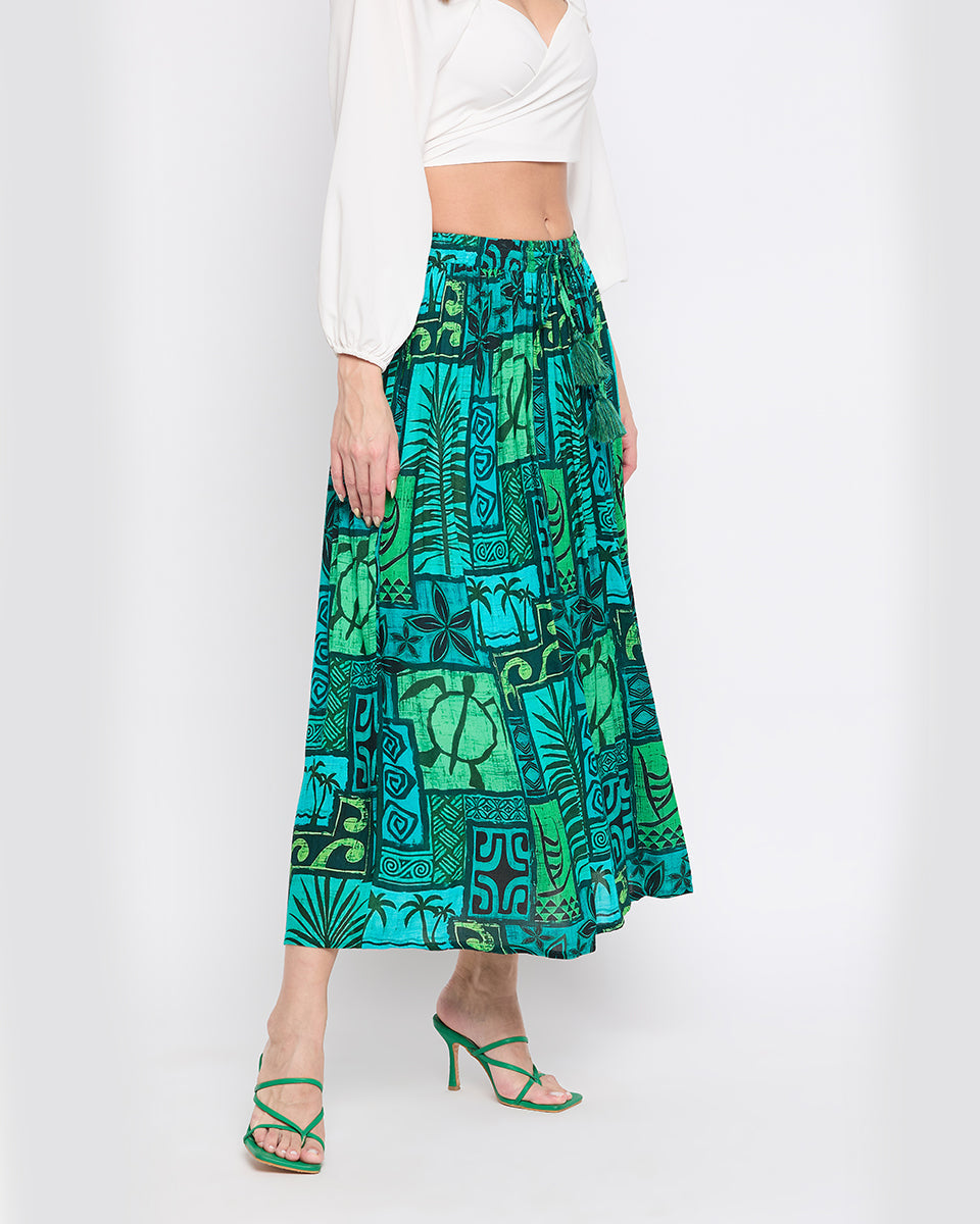 Dark Green Rayon Crepe Boho Long Skirt For Women