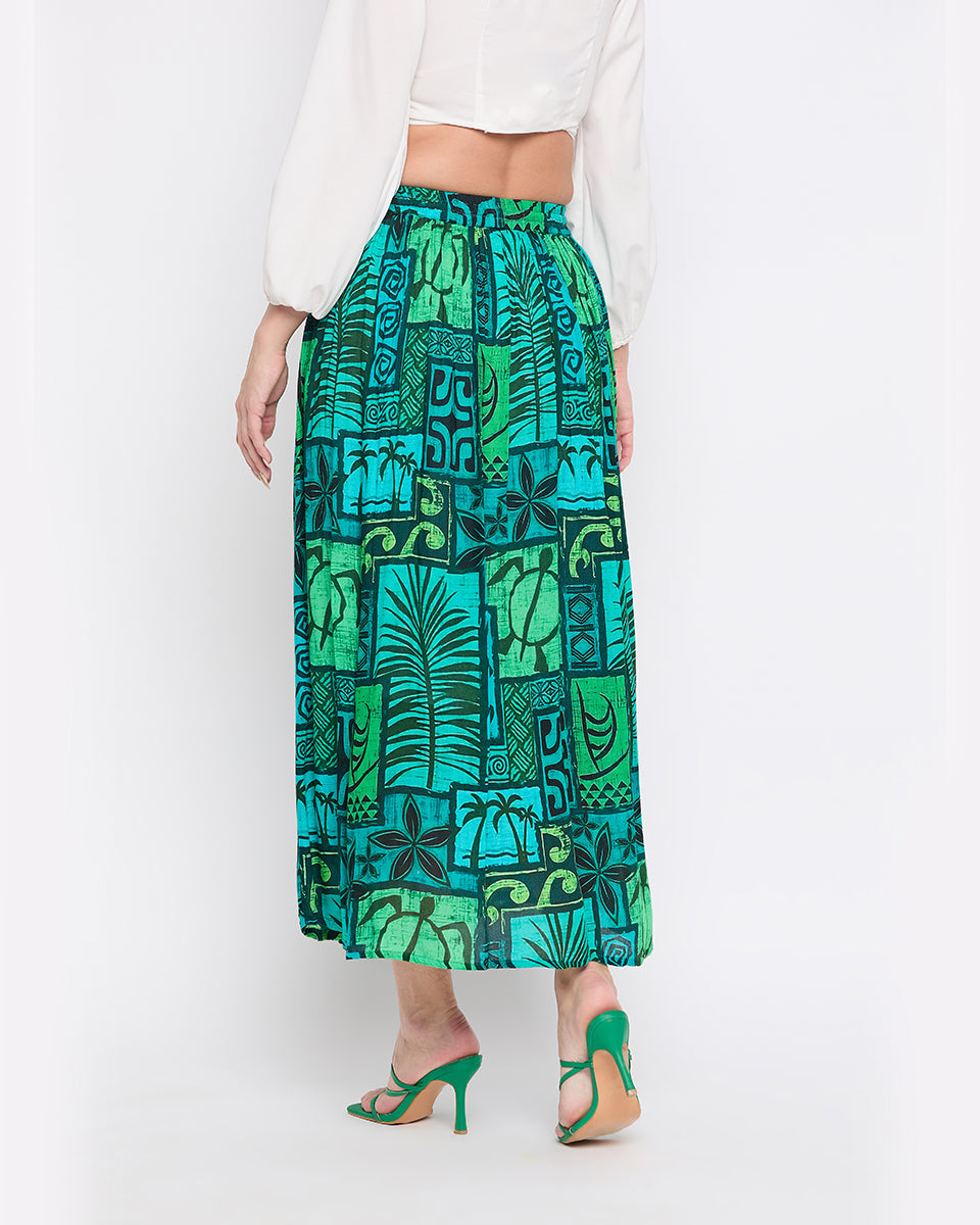 Dark Green Rayon Crepe Boho Long Skirt For Women