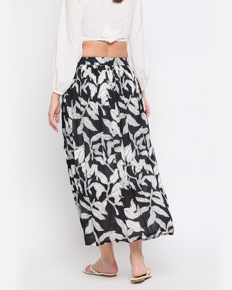 Leaf Print Black And White Rayon Crepe Floral Skirt For Women