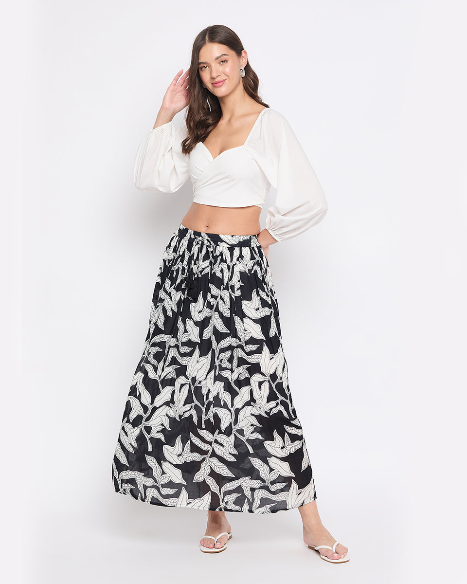 Leaf Print Black And White Rayon Crepe Floral Skirt For Women