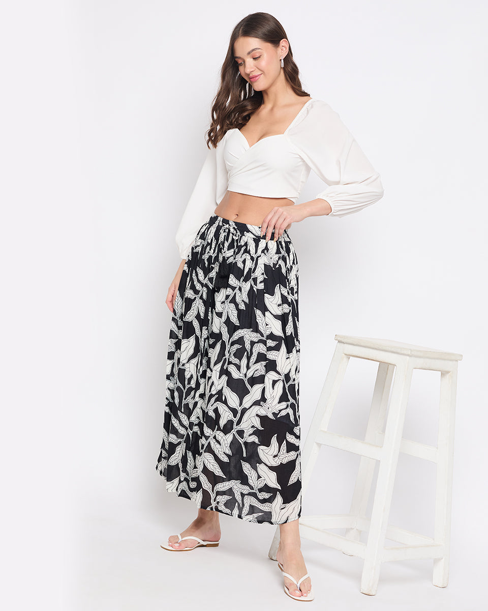 Leaf Print Black And White Rayon Crepe Floral Skirt For Women