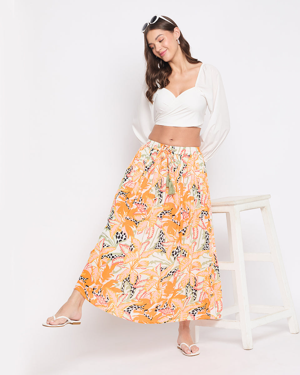 Tropical Print Rayon Crepe Skirt For Women