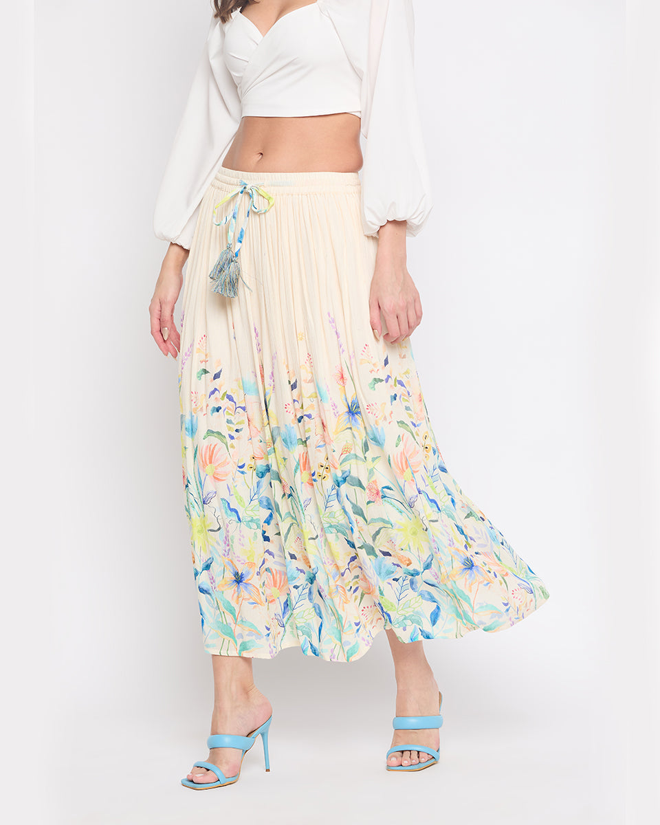 Off White Rayon Crepe Floral Elegant Skirt For Women