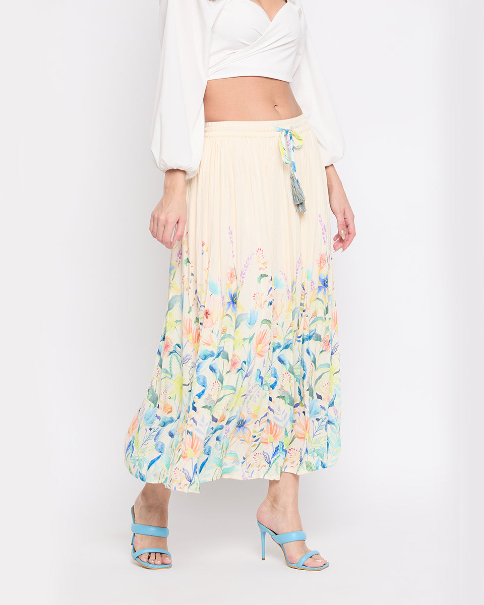 Off White Rayon Crepe Floral Elegant Skirt For Women