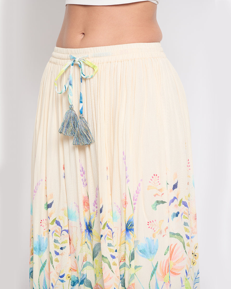 Off White Rayon Crepe Floral Elegant Skirt For Women