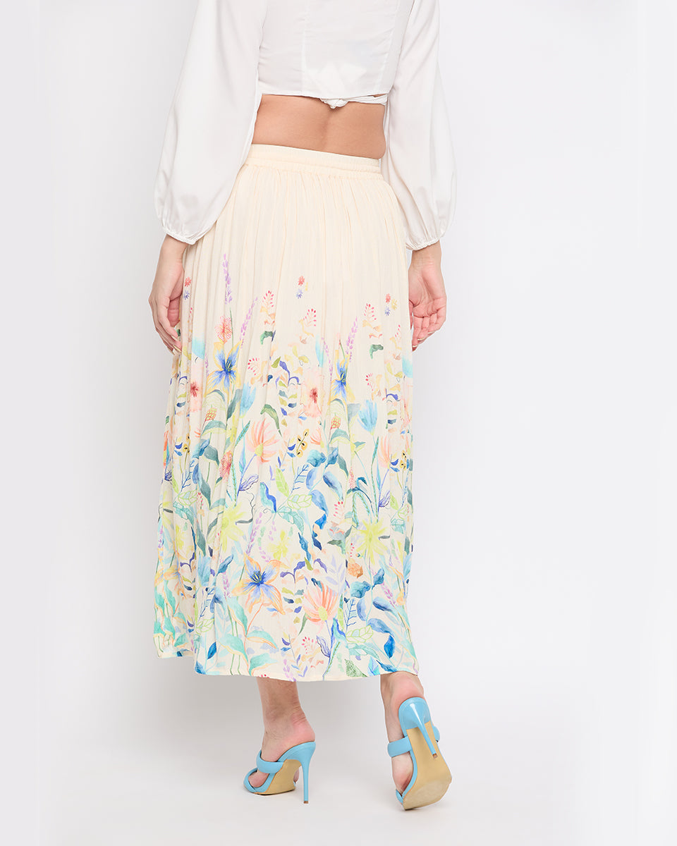 Off White Rayon Crepe Floral Elegant Skirt For Women