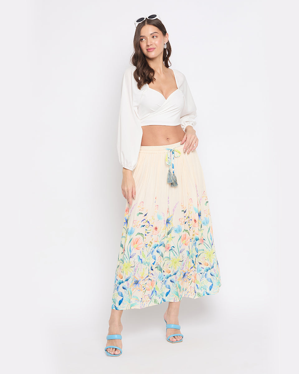 Off White Rayon Crepe Floral Elegant Skirt For Women