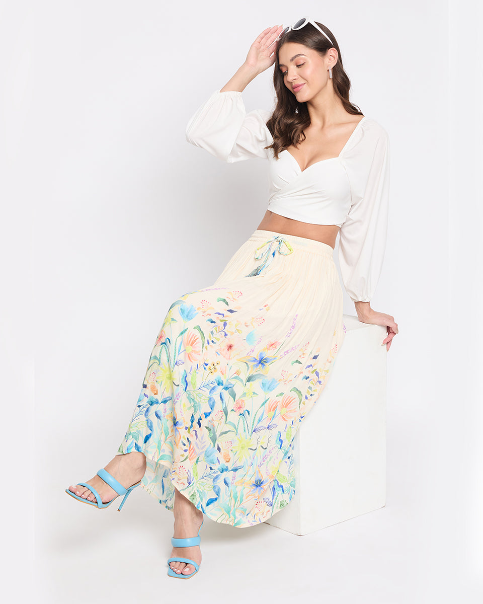 Off White Rayon Crepe Floral Elegant Skirt For Women