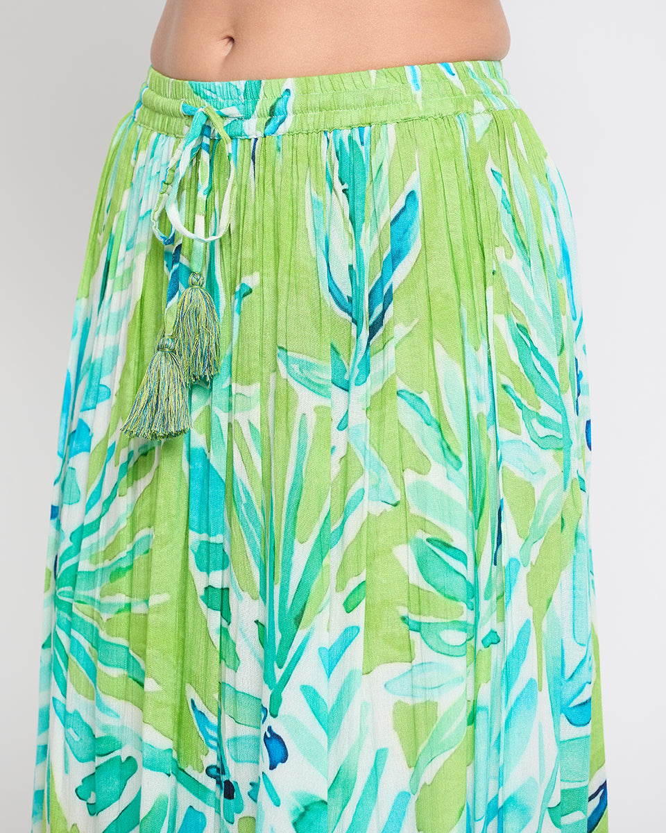 Light Green Leaf Rayon Crepe Beach Maxi Skirt For Women