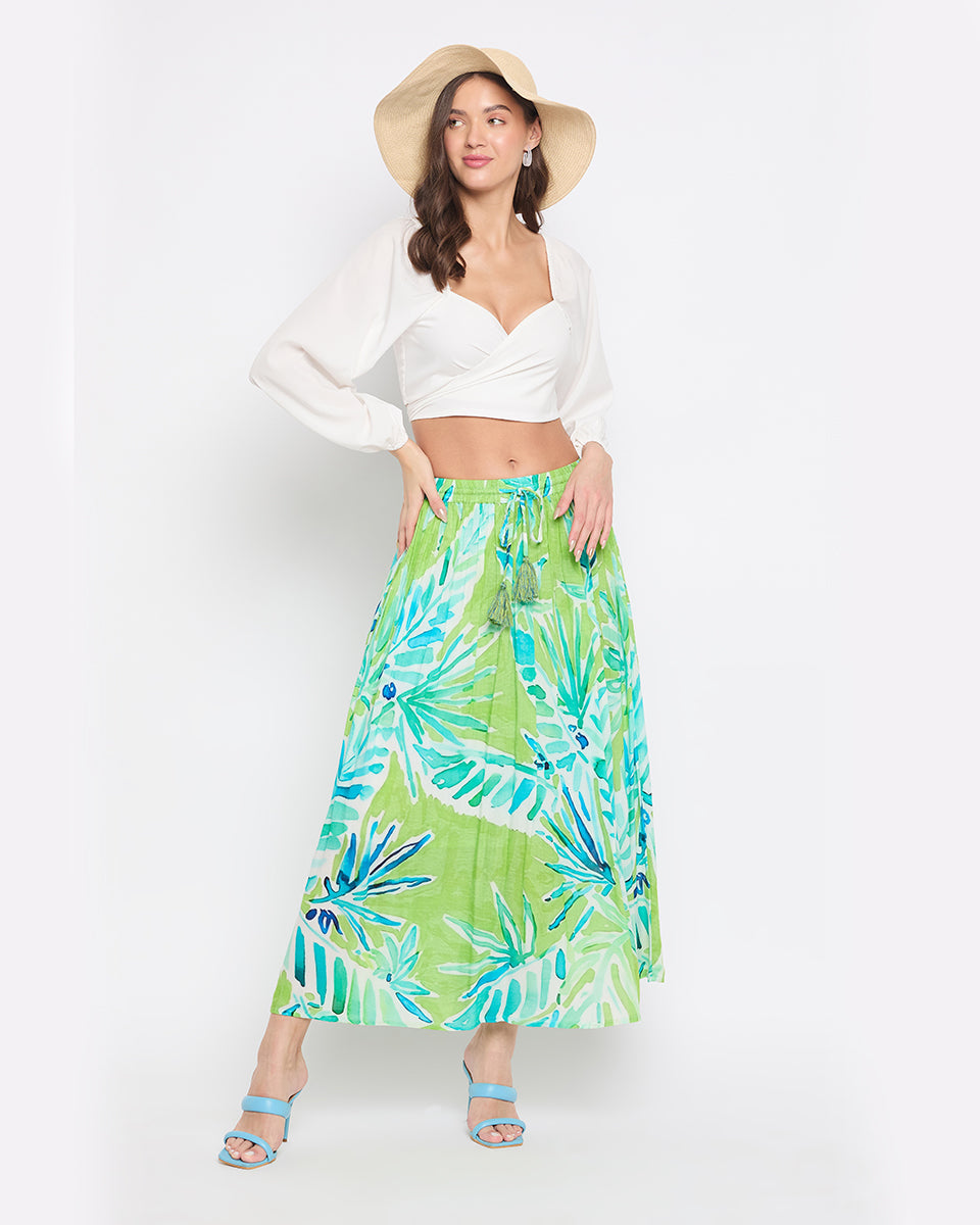 Light Green Leaf Rayon Crepe Beach Maxi Skirt For Women