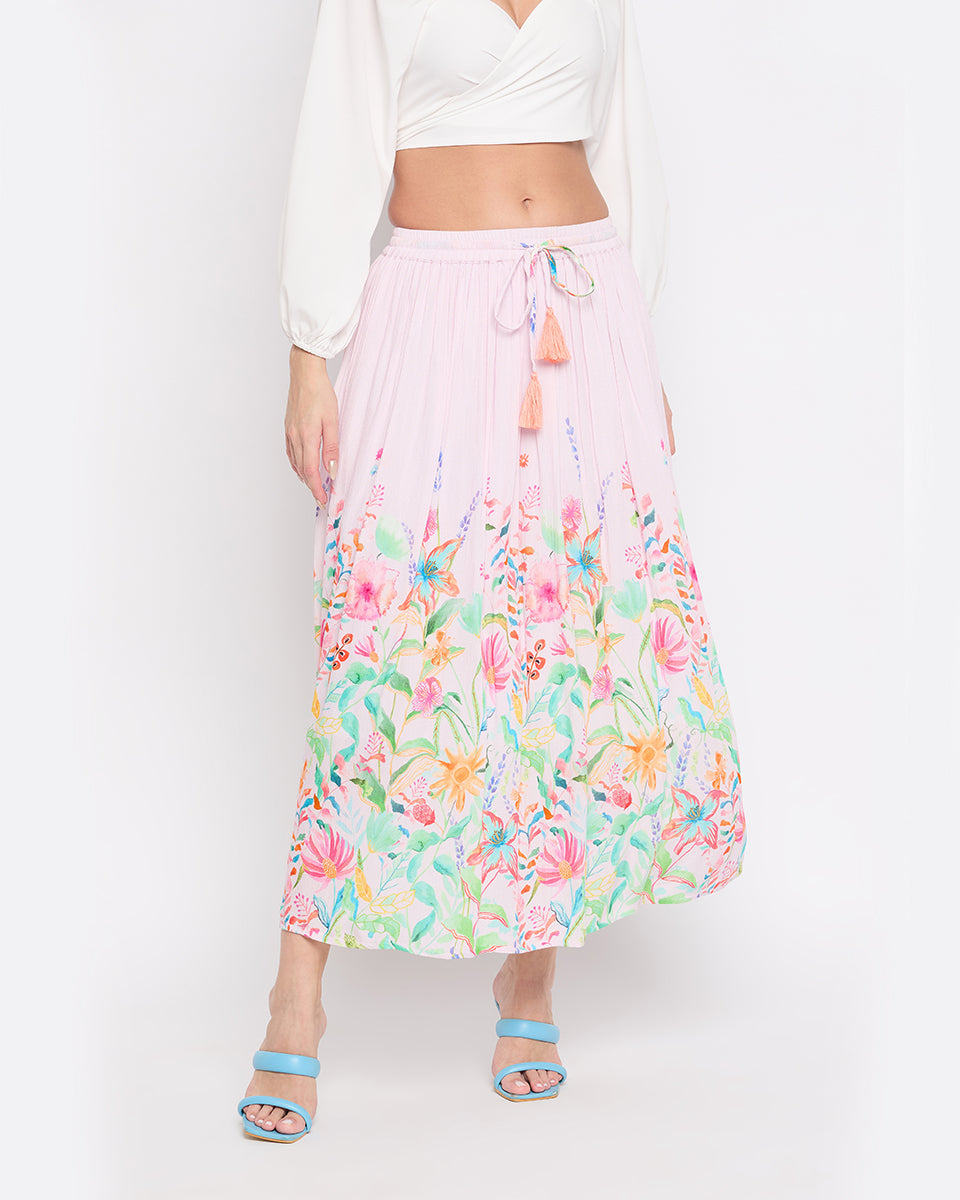 Floral Print Baby Pink Rayon Crepe Elastic Waist Maxi Skirt For Women