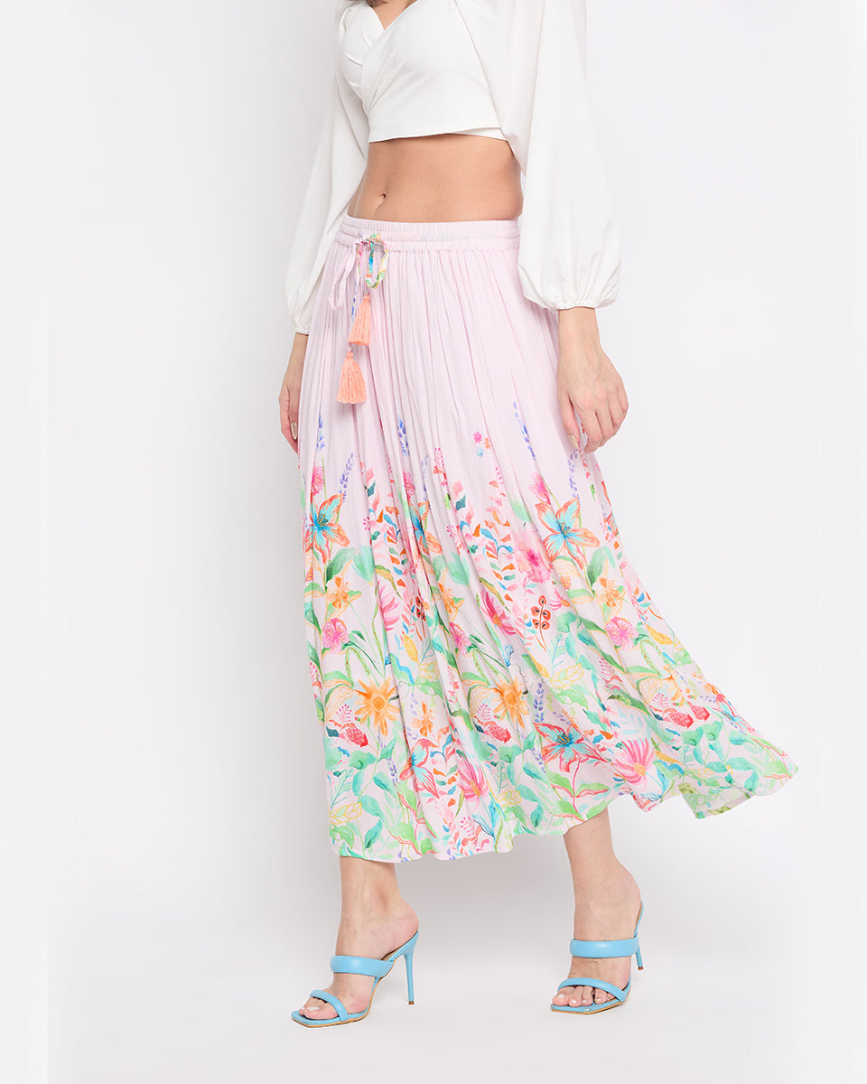 Floral Print Baby Pink Rayon Crepe Elastic Waist Maxi Skirt For Women
