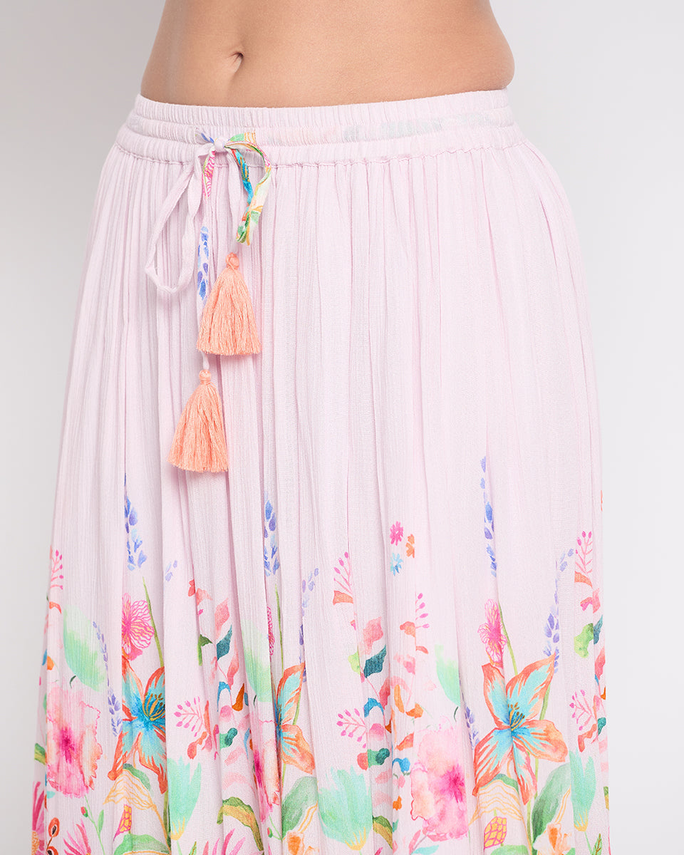 Floral Print Baby Pink Rayon Crepe Elastic Waist Maxi Skirt For Women