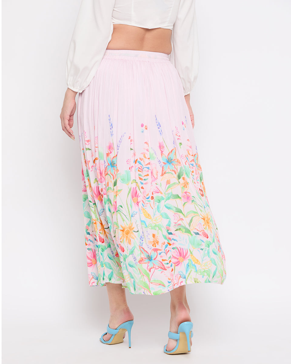 Floral Print Baby Pink Rayon Crepe Elastic Waist Maxi Skirt For Women