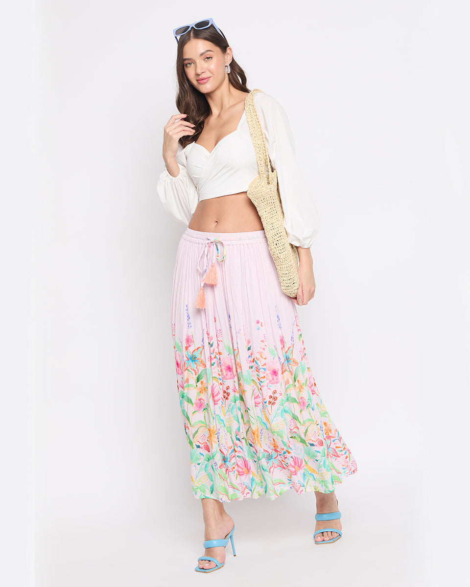 Floral Print Baby Pink Rayon Crepe Elastic Waist Maxi Skirt For Women
