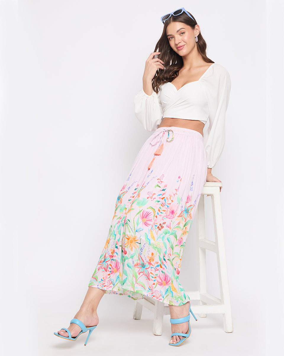 Floral Print Baby Pink Rayon Crepe Elastic Waist Maxi Skirt For Women
