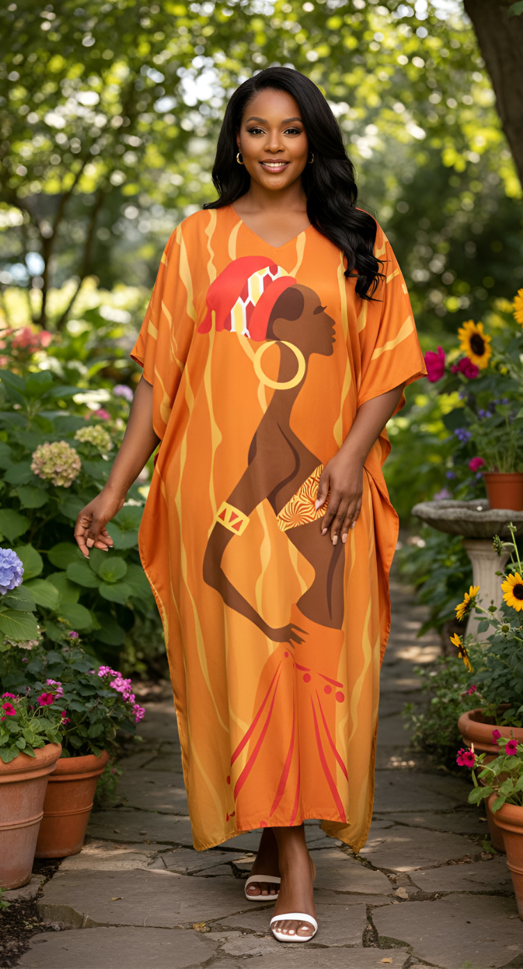 Orange Tribal Polyester Women Plus Size Caftan Kimono Dress